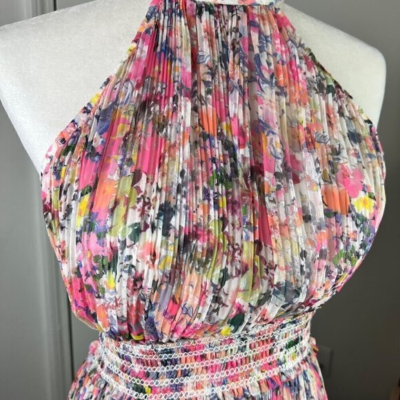 Rococo Sand Halter Maxi Dress Size XS Multicolor Floral Pleated Smocked Waist - Picture 7 of 16